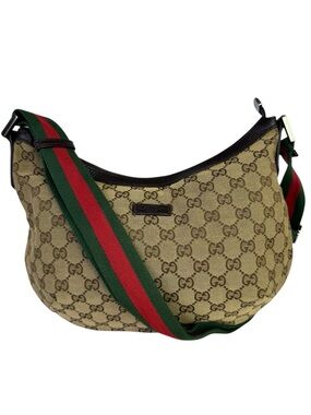 Gucci Beige GG Canvas Hobo Bag with Green-Red Web Strap